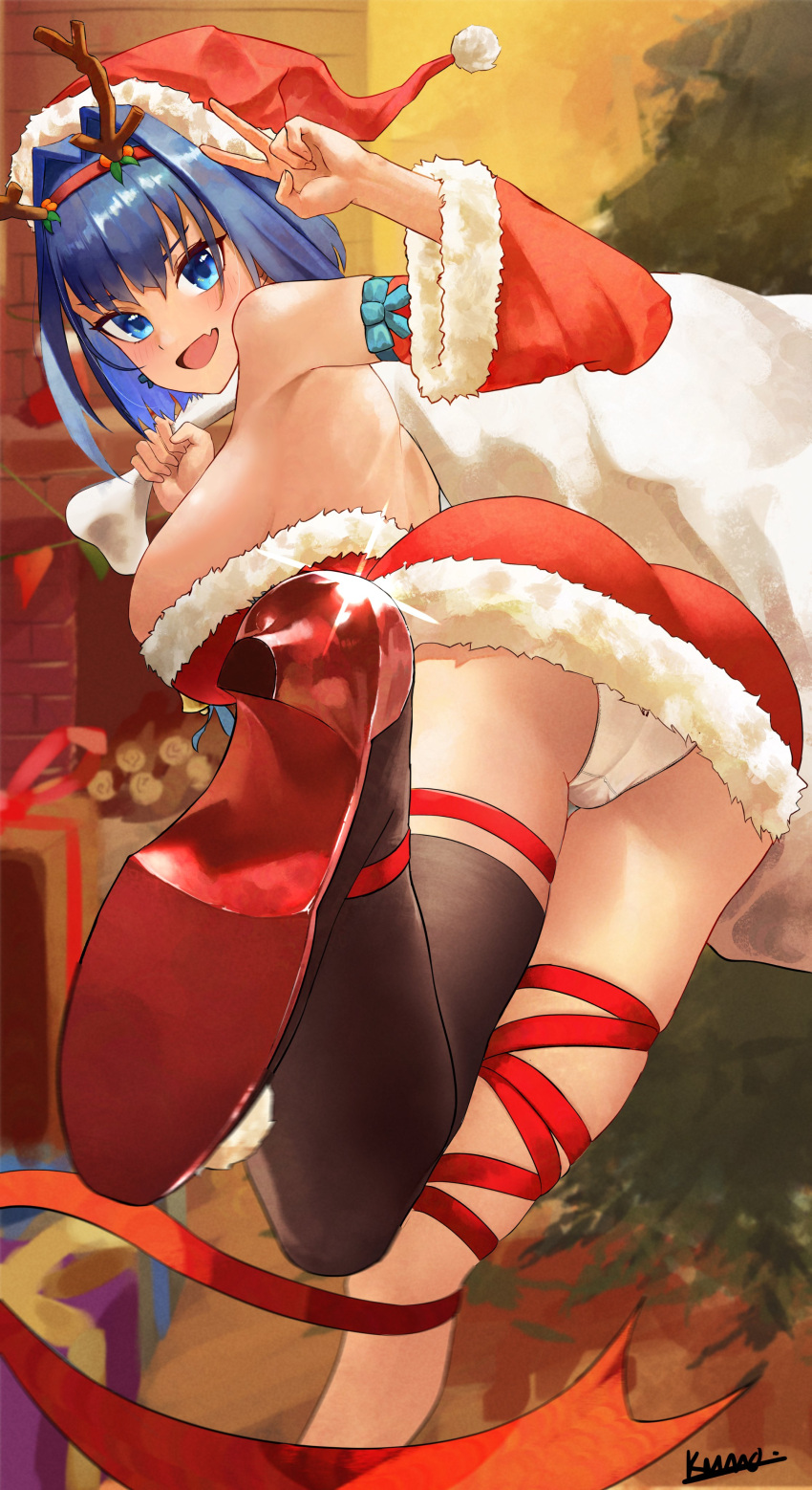 1girl absurdres antlers artist_name asymmetrical_legwear bare_shoulders blue_hair breasts christmas christmas_present christmas_tree cleavage detached_sleeves english_commentary fang gift hair_intakes hat high_heels highres hololive hololive_english horns indoors kuraodo_0 large_breasts looking_at_viewer mismatched_legwear open_mouth ouro_kronii panties red_footwear reindeer_antlers santa_costume santa_hat single_horn skin_fang solo underwear v virtual_youtuber