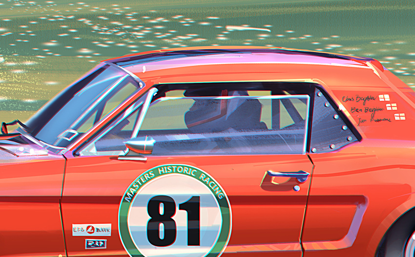 1boy ben_beighton car character_name chromatic_aberration close-up english_commentary english_flag ford ford_mustang from_side helmet highres jacket marta_danecka masters_historic_racing motor_vehicle muscle_car race_vehicle racecar real_life solo white_jacket