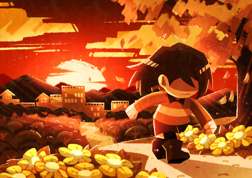 1other :| absurdres androgynous ankle_boots artist_name black_footwear boots brown_hair brown_shorts building child clenched_hands closed_mouth cloud commentary_request covered_eyes deltarune expressionless facing_viewer falling_petals flower highres kris_(deltarune) long_sleeves orange_sweater orange_theme other_focus outdoors path petals red_sky scenery shaded_face short_hair shorts sky sun sunset sweater town tree walking watawata22 wide_shot yellow_flower