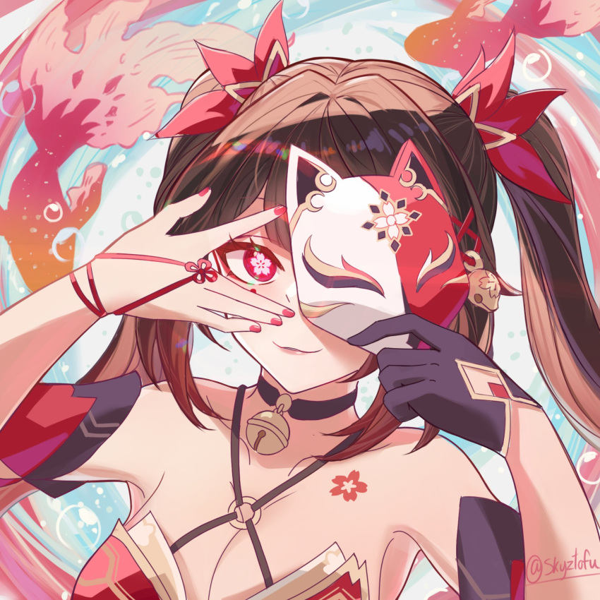 1girl bare_shoulders black_gloves breasts brown_hair cleavage closed_mouth collarbone covering_face dress fish flower-shaped_pupils fox_mask gloves glowing glowing_eye highres holding holding_mask honkai:_star_rail honkai_(series) large_breasts long_hair looking_at_viewer mask nail_polish pink_eyes portrait red_dress red_nails sidelocks single_glove skyztofu sleeveless sleeveless_dress smile solo sparkle_(honkai:_star_rail) symbol-shaped_pupils twintails v_over_eye