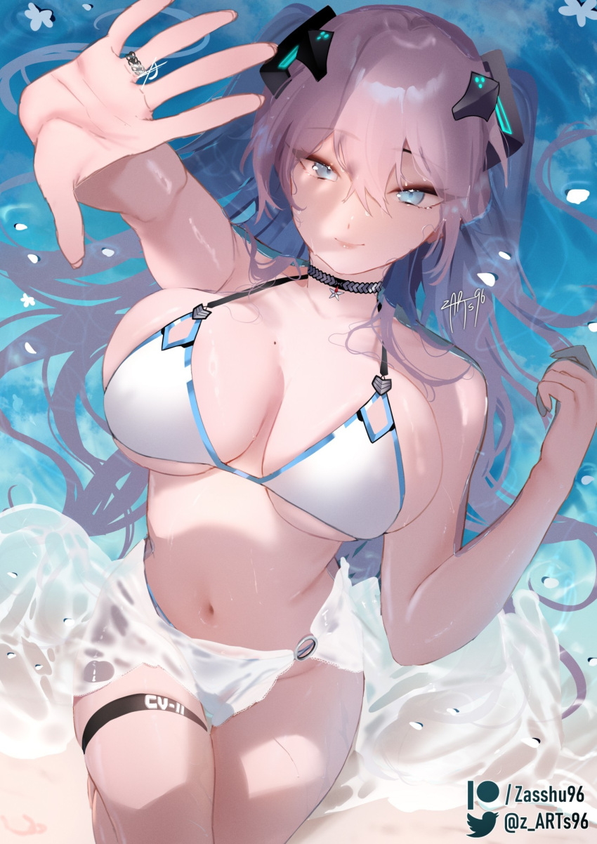 1girl arm_up azur_lane bikini blue_eyes breasts closed_mouth commission from_above hair_between_eyes headgear highres intrepid_(azur_lane) jewelry large_breasts lips long_hair mole mole_on_breast navel petals purple_hair ring sand signature smile solo stomach swimsuit thigh_strap twitter_username water wedding_ring white_bikini zasshu