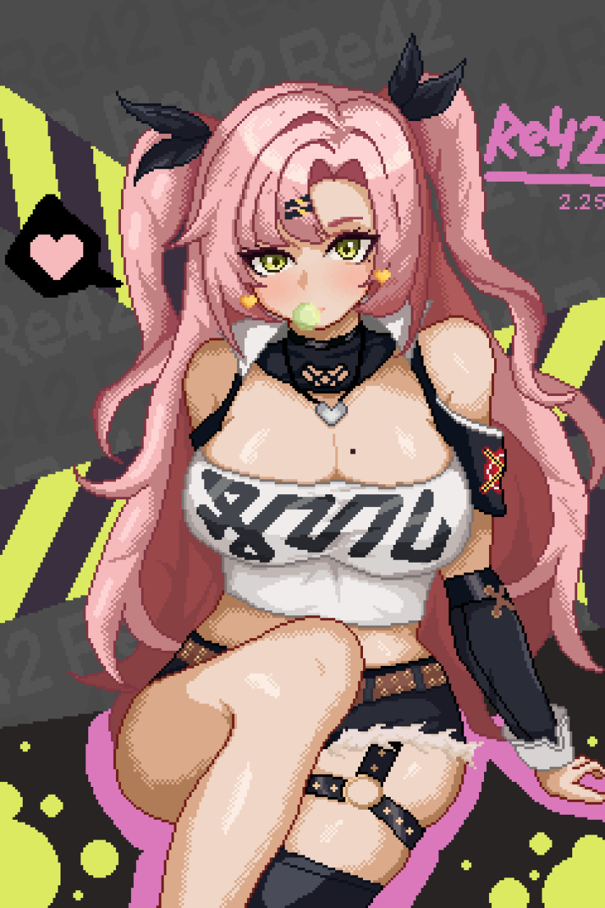 1girl absurdres bare_shoulders belt black_ribbon black_shorts black_thighhighs breasts brown_belt bubble_blowing cleavage commentary_request cutoffs hair_ornament hair_ribbon hairclip highres large_breasts long_hair looking_at_viewer midriff mole mole_on_breast nicole_demara pink_hair pixel_art re4_xiangsuhua ribbon short_shorts shorts single_thighhigh sitting solo strapless thighhighs tube_top two_side_up very_long_hair yellow_eyes zenless_zone_zero