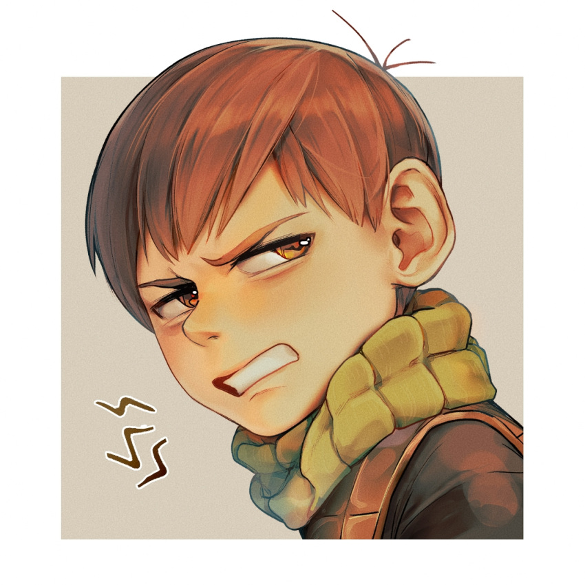 1boy border brown_eyes brown_hair chilchuck_tims clenched_teeth dungeon_meshi furrowed_brow halfling leather light_brown_background male_focus outside_border portrait ruoliang short_hair solo teeth v-shaped_eyebrows white_border