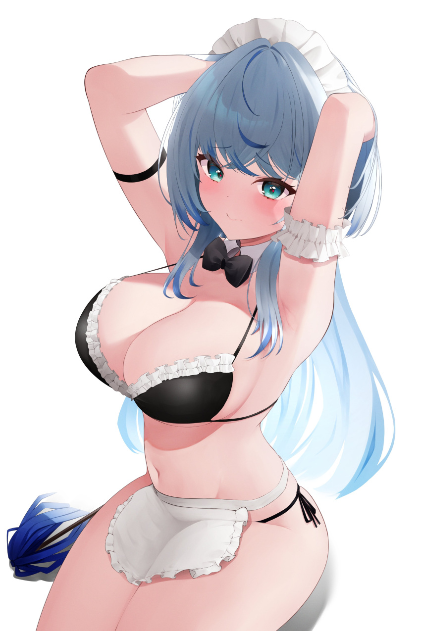 1girl absurdres apron aqua_eyes arm_strap arms_behind_head artist_request bikini black_bikini black_bow black_bowtie blue_hair bow bowtie breasts cleavage closed_mouth collar detached_collar frilled_bikini frills grey_hair highres large_breasts maid maid_bikini maid_headdress multicolored_hair navel second-party_source shadow side-tie_bikini_bottom sitting smile solo streaked_hair swimsuit unconventional_maid virtual_youtuber vlyz waist_apron white_apron white_collar yun_eze