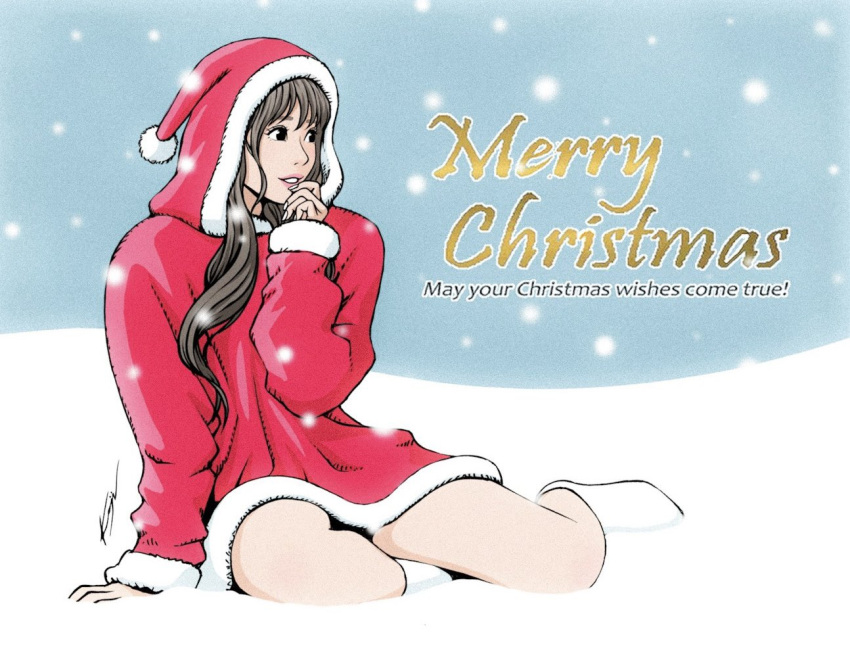 1girl black_eyes boots brown_hair christmas fur-trimmed_hood fur-trimmed_hoodie fur_trim hand_on_own_chin hood hood_up hoodie kondo_koji_(automotive_artist) merry_christmas original pink_lips pom_pom_(clothes) red_hoodie sitting snow snowing solo white_footwear