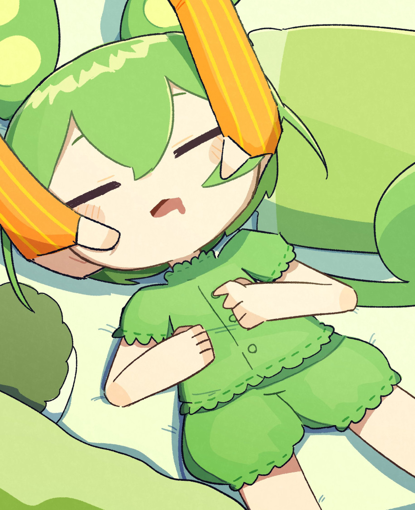 2girls :3 alternate_costume blush_stickers cheek_pinching chibi closed_eyes commentary_request drooling facing_viewer feet_out_of_frame fingerless_gloves food-themed_pillow gloves green_hair green_pajamas green_shirt green_shorts hands_on_another's_cheeks hands_on_another's_face hands_on_own_chest highres kizuna_akari konohoshi low_ponytail lying mouth_drool multiple_girls on_back orange_gloves out_of_frame pajamas pinching puffy_short_sleeves puffy_shorts puffy_sleeves shirt short_sleeves shorts sleeping solo_focus vocaloid voiceroid voicevox zunda_mochi zundamon