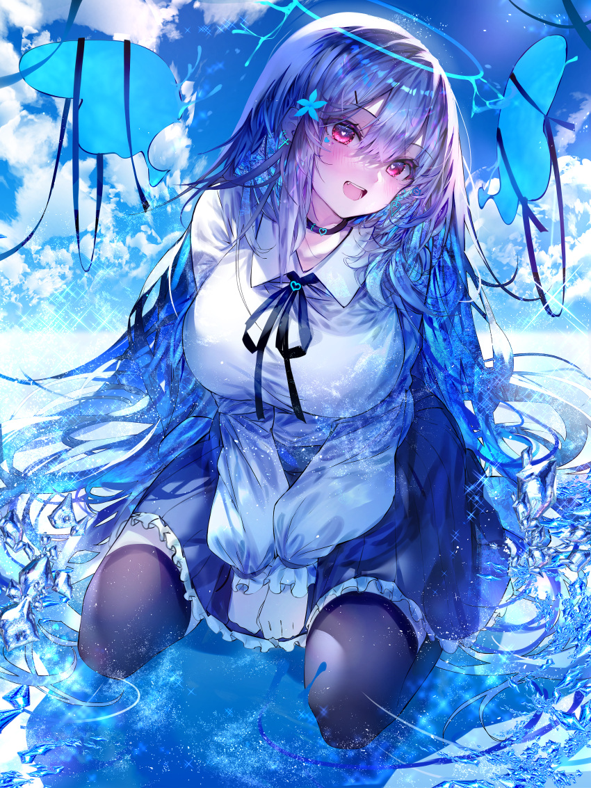 1girl :d absurdres between_legs black_choker black_ribbon black_thighhighs blue_butterfly blue_hair blue_halo blue_theme breasts bug butterfly choker cloud collared_shirt cross_hair_ornament day earrings full_body hair_between_eyes hair_ornament halo hand_between_legs head_tilt heart heart_choker heart_earrings heart_stickers highres huge_breasts jewelry light_particles long_hair long_sleeves looking_at_viewer multicolored_hair neck_ribbon open_mouth original outdoors pink_eyes purple_hair ribbon shirt sidelocks sitting sky smile solo sparkle sticker_on_face teeth thighhighs two-tone_hair upper_teeth_only w_(w64851564) wariza white_shirt