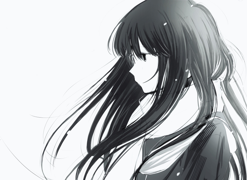 1girl absurdres closed_mouth expressionless floating_hair from_side greyscale hair_between_eyes highres hos1_i long_hair long_sleeves monochrome neckerchief original portrait profile sailor_collar scarf shirt sidelocks simple_background solo straight_hair