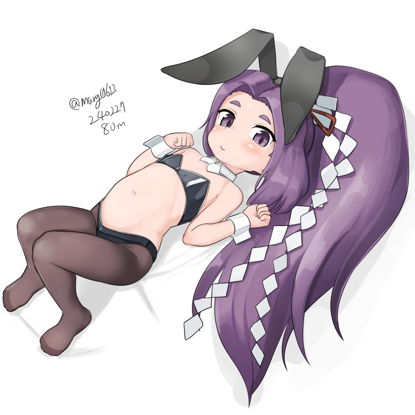 1girl absurdres aged_down alternate_costume animal_ears black_pantyhose bustier dated detached_collar hatsuharu_(kancolle) highres hikimayu kantai_collection long_hair lying maru_(marg0613) midriff navel one-hour_drawing_challenge pantyhose playboy_bunny ponytail purple_eyes purple_hair rabbit_ears shide short_eyebrows solo twitter_username very_long_hair wrist_cuffs