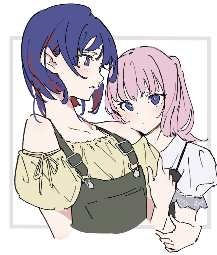 2girls atenaba bare_shoulders black_camisole blue_eyes blue_hair blush camisole cropped_torso hand_on_another's_shoulder highres kaf_(kamitsubaki_studio) kamitsubaki_studio long_hair looking_at_another looking_at_viewer medium_hair multicolored_hair multiple_girls off-shoulder_shirt off_shoulder pink_hair red_hair rim_(kamitsubaki_studio) shirt short_sleeves simple_background streaked_hair suspenders upper_body white_background white_shirt yellow_pupils yellow_shirt yuri