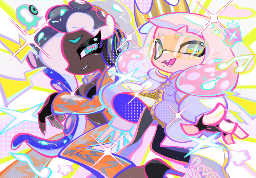 2girls aqua_eyes black_bra black_footwear black_gloves black_pantyhose blonde_hair blue_hair bra breasts cephalopod_eyes coat crown dark-skinned_female dark_skin fangs fingerless_gloves furrowed_brow gloves gradient_hair headphones high_heels highres inkling jacket long_hair marina_(splatoon) mole multicolored_hair multiple_girls octoling open_clothes open_coat open_jacket open_mouth orange_jacket orange_pants orange_suit pants pantyhose pearl_(splatoon) pink_hair splatoon_(series) splatoon_3 star-shaped_pupils star_(symbol) suction_cups symbol-shaped_pupils tentacle_hair two-tone_hair underwear white_coat white_footwear xiaoyunatie yellow_eyes zipper