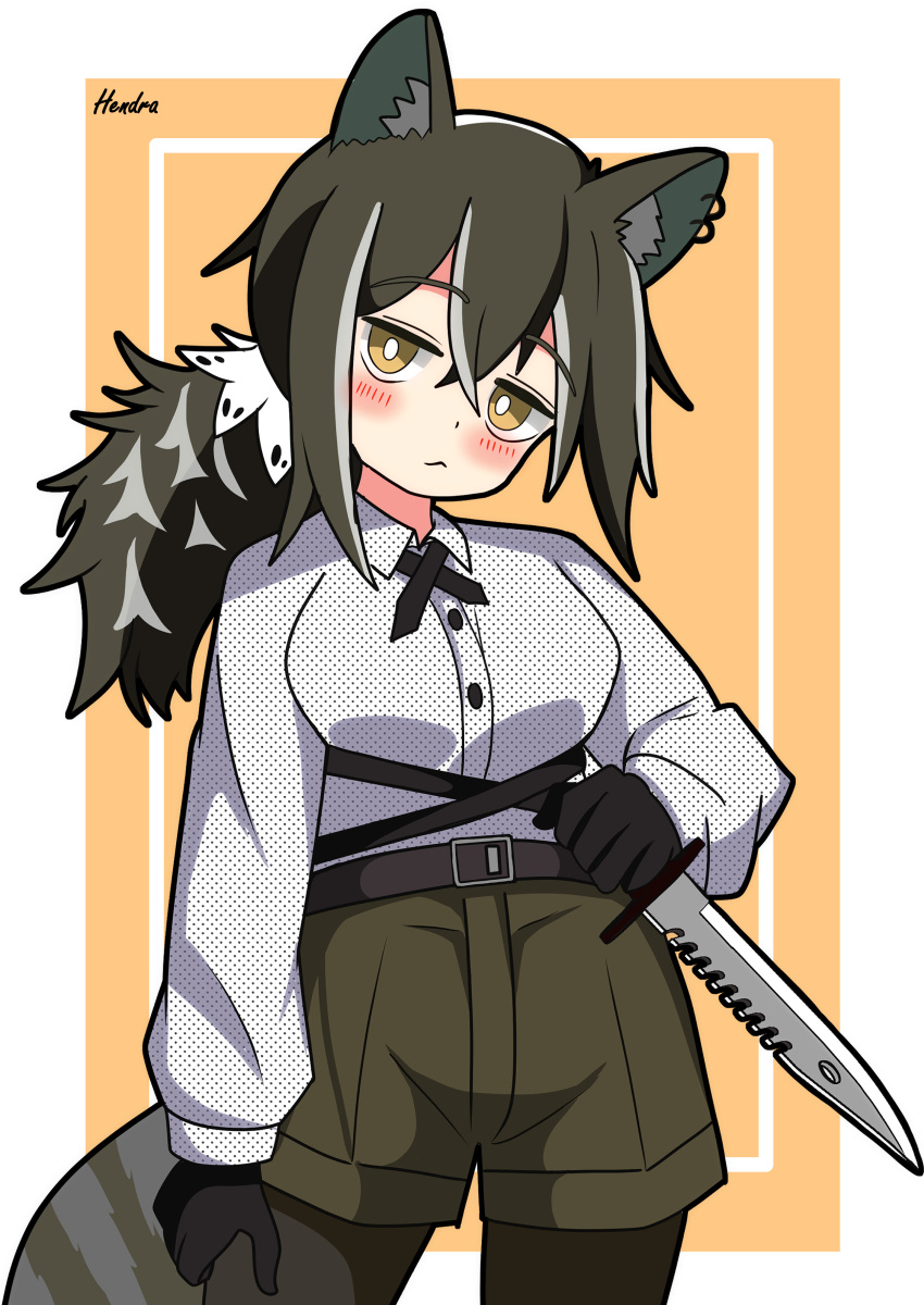 1girl :&lt; absurdres animal_ears arknights black_gloves black_pantyhose blush brown_hair closed_mouth collared_shirt combat_knife cowboy_shot gloves green_shorts halftone head_tilt hendra highres holding holding_knife inset_border knife long_hair looking_at_viewer multicolored_hair pantyhose raccoon_ears raccoon_girl robin_(arknights) shirt shorts signature simple_background solo streaked_hair weapon white_hair white_shirt yellow_background yellow_eyes