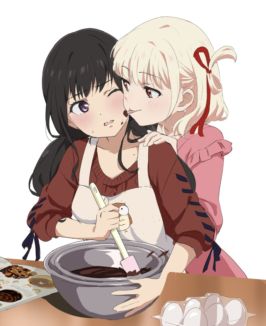2girls apron black_hair blonde_hair blush bowl chocolate chocolate_making collarbone food food_on_face frilled_shirt frills hair_ribbon highres holding holding_spatula inoue_takina licking licking_another's_cheek licking_another's_face long_hair low_twintails lycoris_recoil multiple_girls nishikigi_chisato one_eye_closed one_side_up open_mouth or2_(sahr7857) pink_shirt purple_eyes red_eyes red_ribbon red_sweater ribbon shirt short_hair simple_background sleeves_past_elbows spatula sweatdrop sweater tongue tongue_out twintails valentine white_apron white_background yuri