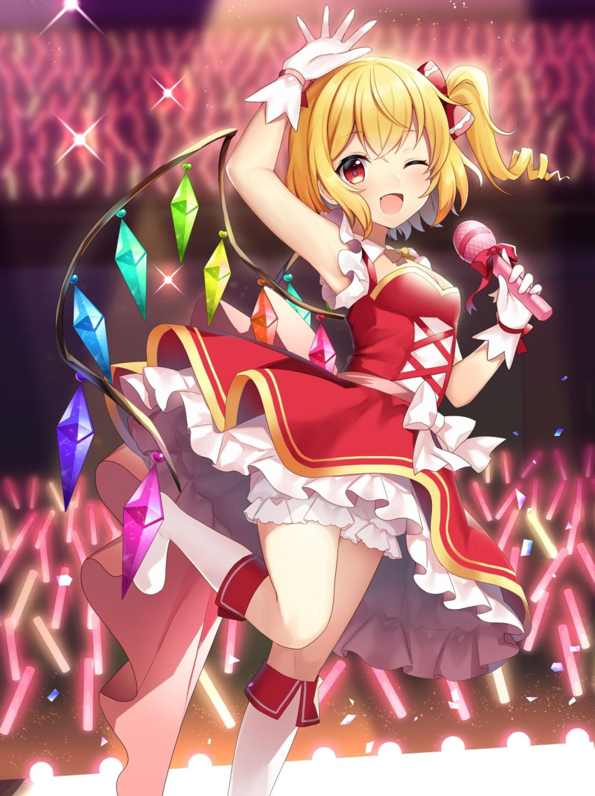 1girl ;d adapted_costume arm_up blonde_hair bloomers blush boots bow breasts commentary_request concert crystal detached_collar dress dress_bow fang flandre_scarlet foot_out_of_frame gloves glowstick hair_between_eyes hair_bow hand_up happy highres holding holding_microphone idol idol_clothes knee_boots looking_at_viewer microphone no_headwear one_eye_closed open_mouth rainbow_order red_bow red_dress red_eyes ruhika short_hair side_ponytail sleeveless sleeveless_dress small_breasts smile solo sparkle spotlight stage standing standing_on_one_leg touhou waving white_bloomers white_bow white_footwear white_gloves wings