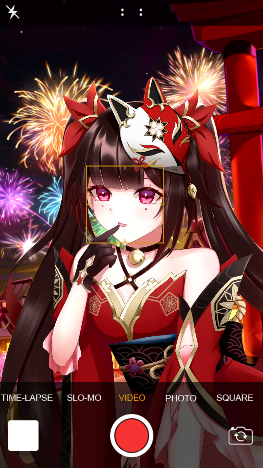1girl :d absurdres bare_shoulders bell black_choker black_gloves bow brown_hair choker criss-cross_halter dress fake_phone_screenshot fake_screenshot finger_to_mouth fireworks fox_mask gloves gradient_hair hair_bow halterneck highres honkai:_star_rail honkai_(series) long_hair looking_at_viewer mask mask_on_head multicolored_hair neck_bell night o-ring open_mouth outdoors outstretched_arm pink_eyes red_bow red_dress red_hair red_sleeves rizan_tatsuya short_sleeves sidelocks single_glove sleeveless sleeveless_dress smile solo sparkle_(honkai:_star_rail) torii twintails upper_body viewfinder