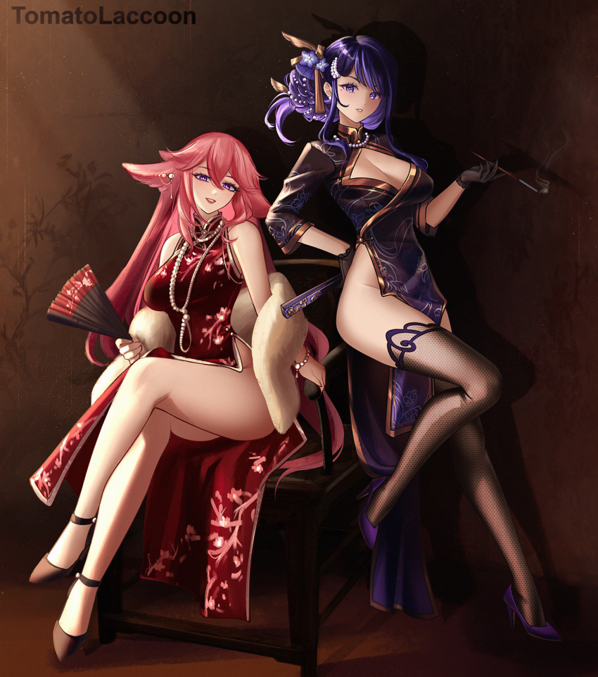 2girls alternate_costume animal_ears artist_name bare_legs bare_shoulders bead_necklace beads black_footwear breasts chair china_dress chinese_clothes cleavage cleavage_cutout clothing_cutout commentary dress feather_boa folding_fan fox_ears full_body genshin_impact gloves grey_gloves grin groin hand_fan high_heels highres holding holding_fan indoors jewelry large_breasts long_hair long_sleeves looking_at_viewer multiple_girls necklace no_panties parted_lips pelvic_curtain pink_hair purple_dress purple_eyes purple_footwear purple_hair purple_lips raiden_shogun shadow shoes side_slit sitting smile thighhighs thighs tomatolacoon very_long_hair yae_miko