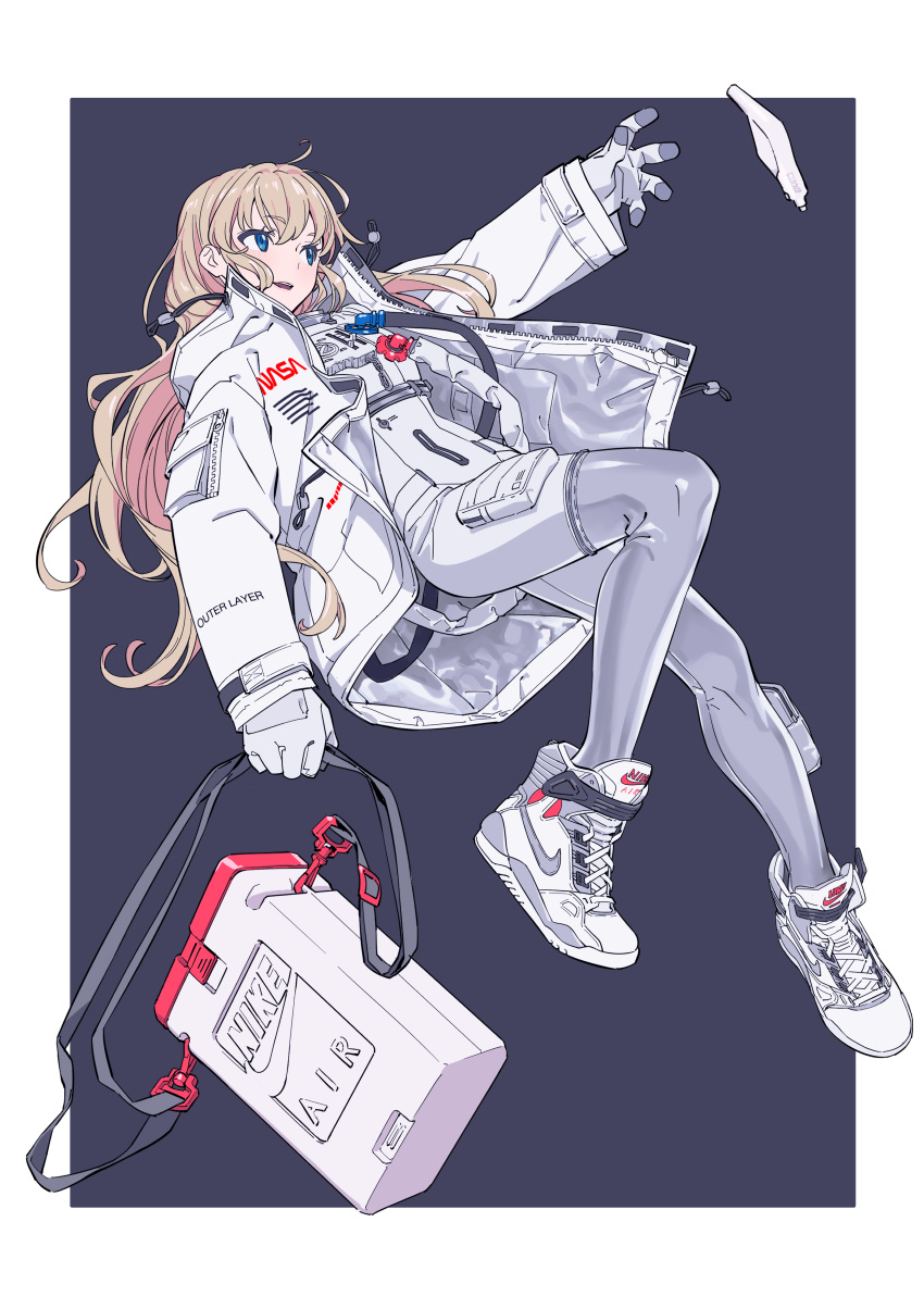 1girl absurdres blonde_hair blue_eyes gloves highres jacket long_hair nasa_logo nike_(company) original shoes simple_background sneakers solo spacesuit tarou2