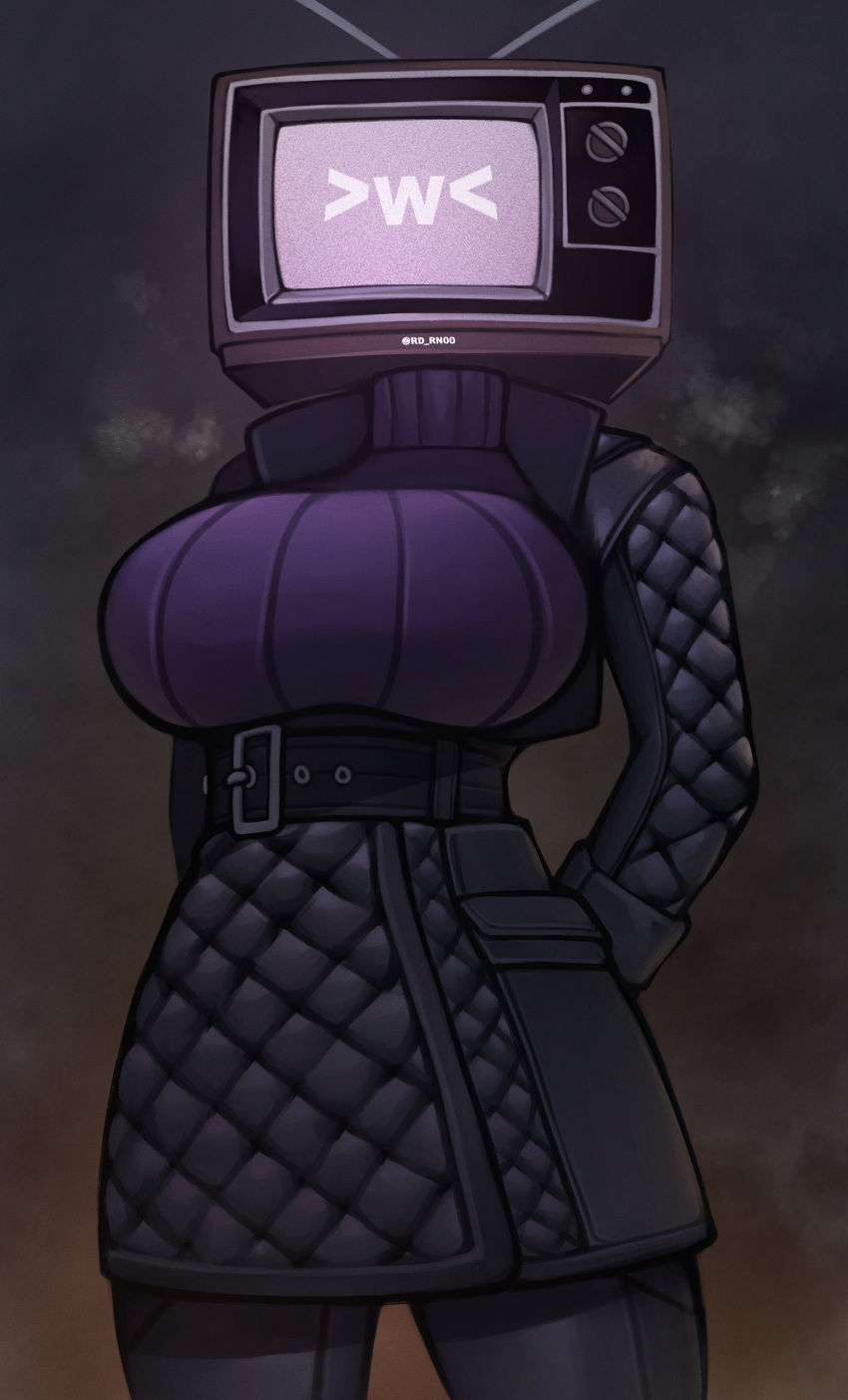 &gt;w&lt; 2023 absurd_res animate_inanimate belt big_breasts bottomwear breasts clothing crt_monitor digital_drawing_(artwork) digital_media_(artwork) electronics female for_a_head hands_behind_back hi_res humanoid jacket leather leather_clothing leather_jacket leather_topwear low-angle_view machine object_head pants rd-rn00 robot robot_humanoid screen screen_face screen_head skibidi_toilet solo standing static sweater tall television topwear turtleneck tv_head tv_woman waist_belt