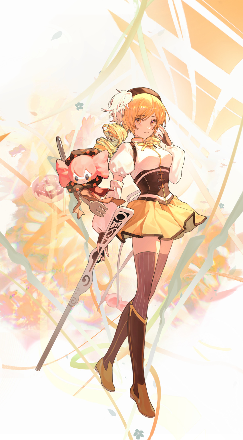 absurdres beret blonde_hair boots breasts charlotte_(madoka_magica) corset drill_hair fingerless_gloves fork gloves gun hat highres holding holding_weapon knee_boots looking_at_viewer magical_girl magical_musket mahou_shoujo_madoka_magica mahou_shoujo_madoka_magica_(anime) medium_breasts miniskirt neck_ribbon pleated_skirt ribbon rifle short_hair skirt smile striped_clothes striped_thighhighs thighhighs thighhighs_under_boots tomoe_mami twin_drills vertical-striped_clothes vertical-striped_thighhighs weapon witch_(madoka_magica) yellow_eyes yellow_ribbon yellow_skirt zutto_(dfvn7377)