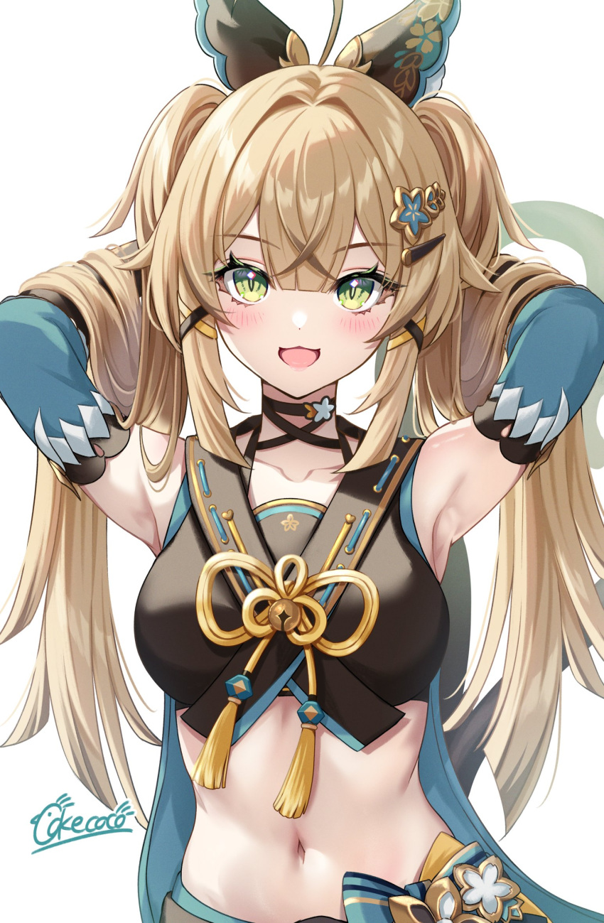 1girl :3 :d alternate_hairstyle armpits arms_up bare_shoulders black_choker black_shirt blonde_hair choker cokecoco commentary_request crop_top detached_sleeves genshin_impact green_eyes hair_ornament hairclip highres kirara_(genshin_impact) long_hair looking_at_viewer midriff navel open_mouth shirt sidelocks smile solo stomach twintails upper_body very_long_hair