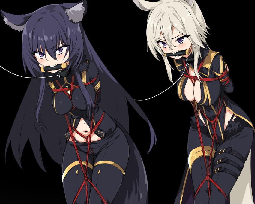 2girls absurdres animal_ears arms_behind_back bdsm bit_gag blonde_hair bondage bound bound_arms breast_bondage breasts cat_ears cat_girl cat_tail crotch_rope delta_(kage_no_jitsuryokusha_ni_naritakute!) gag gagged hair_between_eyes highres kage_no_jitsuryokusha_ni_naritakute! kinbakuman large_breasts long_hair multiple_girls purple_eyes purple_hair red_rope restrained rope shibari shibari_over_clothes simple_background tail tied_up_(nonsexual) wolf_ears wolf_girl wolf_tail zeta_(kage_no_jitsuryokusha_ni_naritakute!)