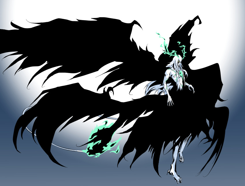 1boy absurdres alternate_form arrancar barefoot black_fur black_wings bleach bleach:_brave_souls claws closed_mouth colored_sclera colored_skin demon_boy facial_mark feathered_wings fiery_horns fiery_tail flying full_body full_moon hair_between_eyes highres hogyoku_(bleach) hole_in_chest hole_on_body horns ken_hollow long_hair long_tail male_focus monster_boy moon multiple_wings of official_alternate_hair_color resurreccion solo spread_wings tail topless_male ulquiorra_cifer white_hair white_skin wings yellow_sclera