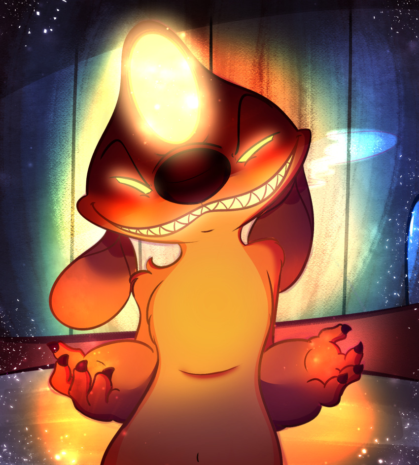 2023 4_fingers alien ambiguous_gender anthro claws digital_drawing_(artwork) digital_media_(artwork) disney evil_grin experiment_(lilo_and_stitch) finger_claws fingers front_view fur glowing glowing_eyes glowing_gem head_tilt heat_(lilo_and_stitch) hi_res lilo_and_stitch male_(lore) narrowed_eyes navel orange_body orange_fur red_nose ryuko_rose sharp_teeth smile solo teeth