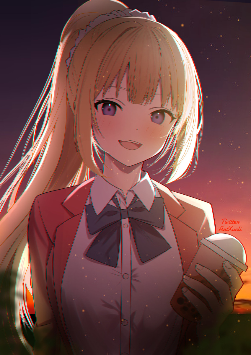 absurdres blonde_hair blue_eyes blurry blurry_foreground blush bow bowtie bubble_tea chromatic_aberration dusk food hair_ornament highres holding holding_food jacket karuizawa_kei looking_at_viewer open_clothes open_jacket open_mouth ponytail red_jacket shirt white_shirt xueli_shimazaki youkoso_jitsuryoku_shijou_shugi_no_kyoushitsu_e