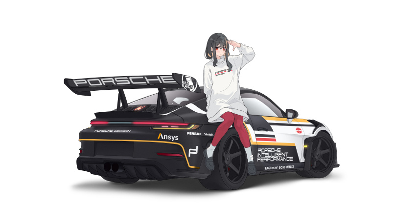 1girl absurdres arasaka_inu black_hair blonde_hair car highres leggings looking_at_viewer motor_vehicle multicolored_hair original porsche porsche_911 porsche_991 race_vehicle racecar salute shoes short_hair_with_long_locks simple_background socks solo spoiler_(automobile) sports_car sweater turtleneck turtleneck_sweater vehicle_focus white_background