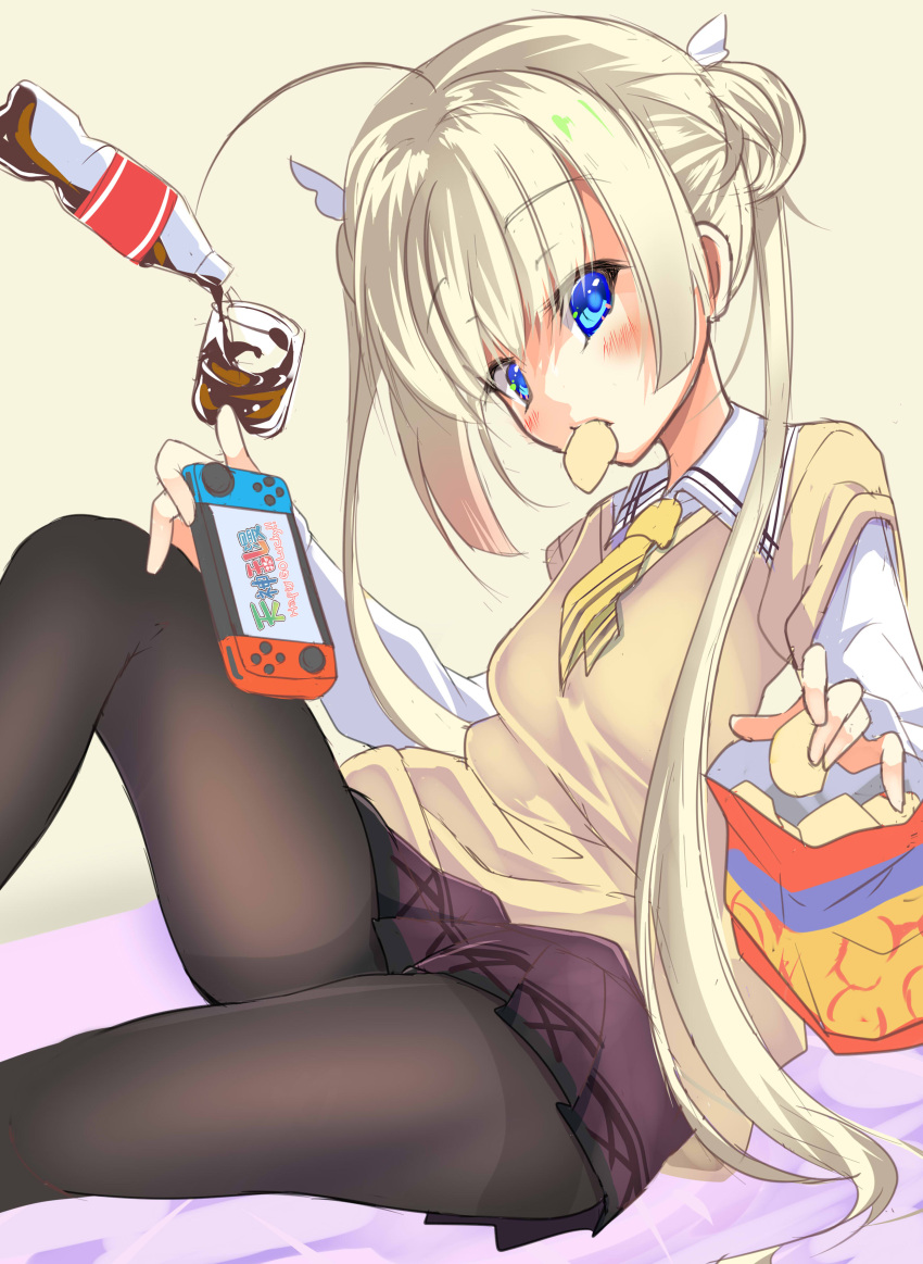 1girl absurdres ahoge black_pantyhose blonde_hair blue_eyes blunt_ends blush brown_skirt chips_(food) cola collared_shirt commentary_request company_connection copyright_name double_bun eating eyes_visible_through_hair feet_out_of_frame food food_in_mouth hair_between_eyes hair_bun hair_ribbon handheld_game_console highres holding holding_handheld_game_console huge_ahoge knee_up long_hair long_sleeves looking_at_viewer miniskirt necktie nintendo_switch pantyhose pleated_skirt potato_chips ribbon school_uniform shirayuki_noa shirt short_necktie sidelocks simple_background sitting skirt solo sweater_vest tenshi_souzou_re-boot! tenshinranman thighband_pantyhose thighs twintails very_long_hair white_ribbon white_shirt yellow_background yellow_necktie yellow_sweater_vest yukichi_(nyarome-busters) yuzu-soft