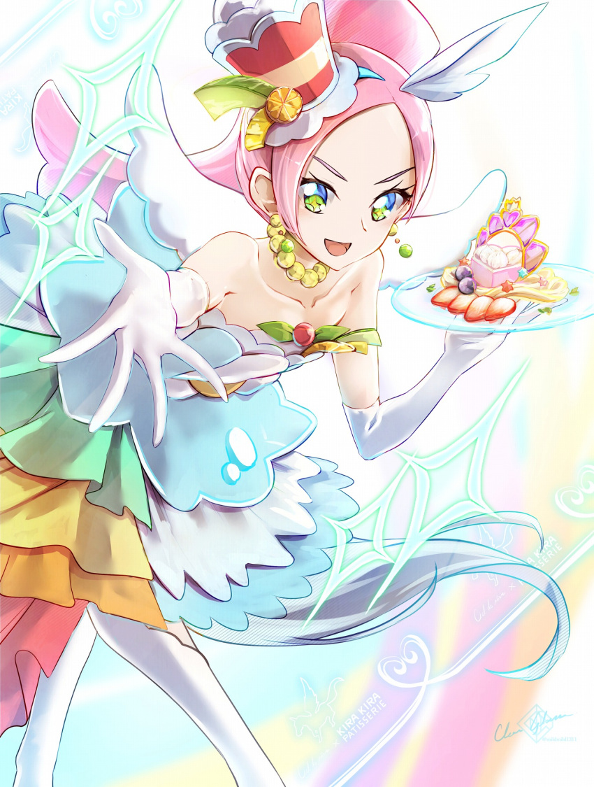 1girl animal_ears bare_shoulders berry boots choker clear_glass_(mildmild1311) collarbone commentary_request cure_parfait dress earrings elbow_gloves food food-themed_hair_ornament fruit gloves hair_ornament headband highres horse_ears jewelry kirakira_precure_a_la_mode kiwi_(fruit) leaf lemon long_hair open_mouth orange_(fruit) outstretched_arm parfait pearl_choker pearl_earrings pink_hair plate ponytail precure strapless strapless_dress tail turquoise_dress white_footwear white_gloves white_tail white_wings wings