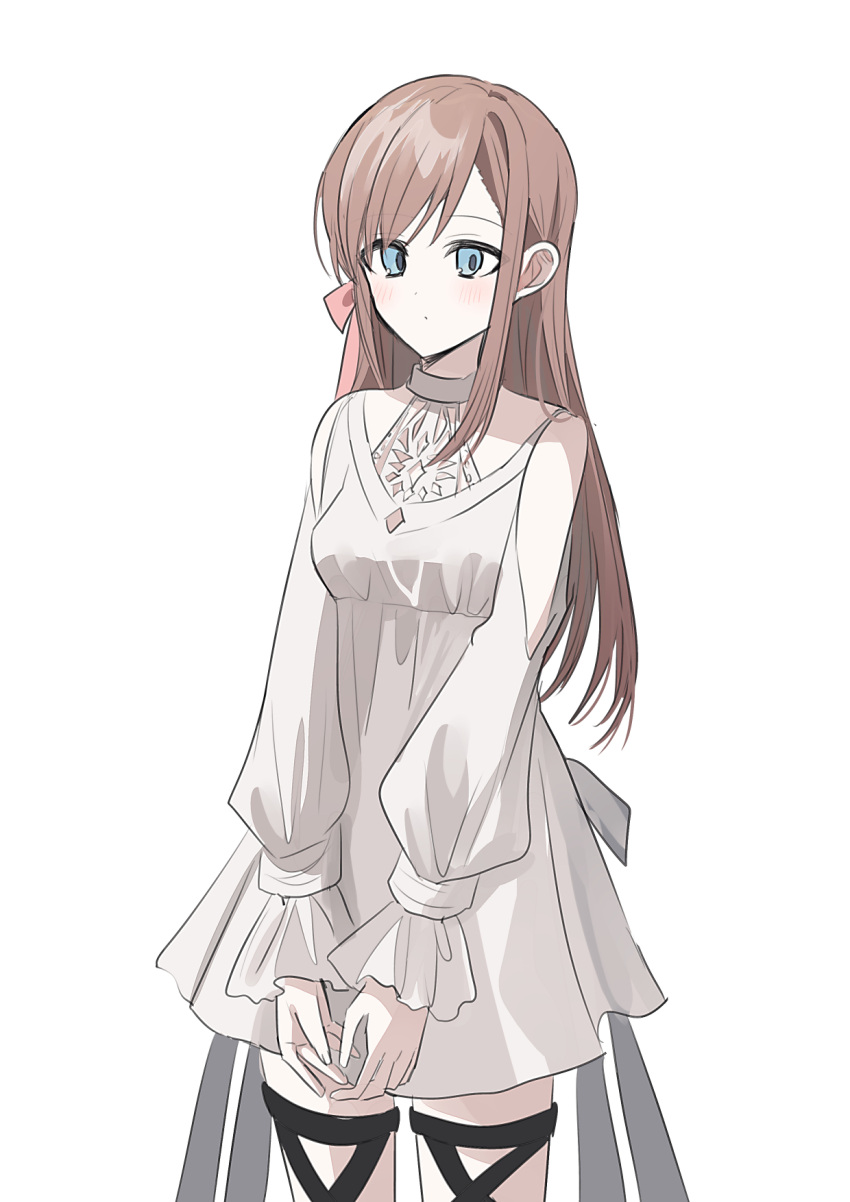 1girl bare_shoulders blue_eyes blush breasts brown_hair chihuri closed_mouth clothing_cutout dress final_fantasy final_fantasy_xiv highres long_hair long_sleeves looking_at_viewer puffy_long_sleeves puffy_sleeves ryne_waters shoulder_cutout simple_background sleeves_past_wrists small_breasts solo very_long_hair white_background white_dress