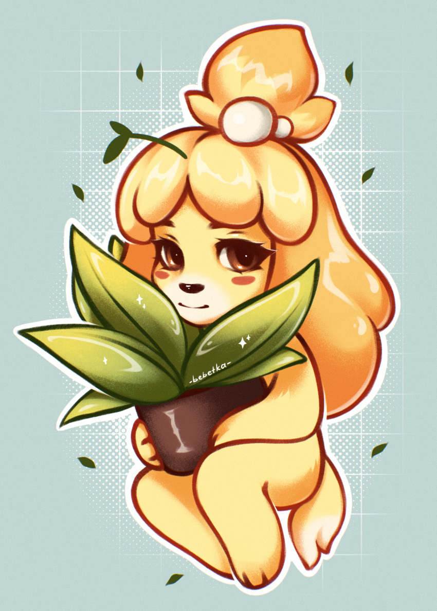accessory animal_crossing anthro bebetka blonde_hair blush blush_stickers digital_drawing_(artwork) digital_media_(artwork) female fur hair hair_accessory hi_res holding_object holding_planet isabelle_(animal_crossing) mostly_nude nintendo plant plant_pot potted_plant smile solo yellow_body yellow_fur