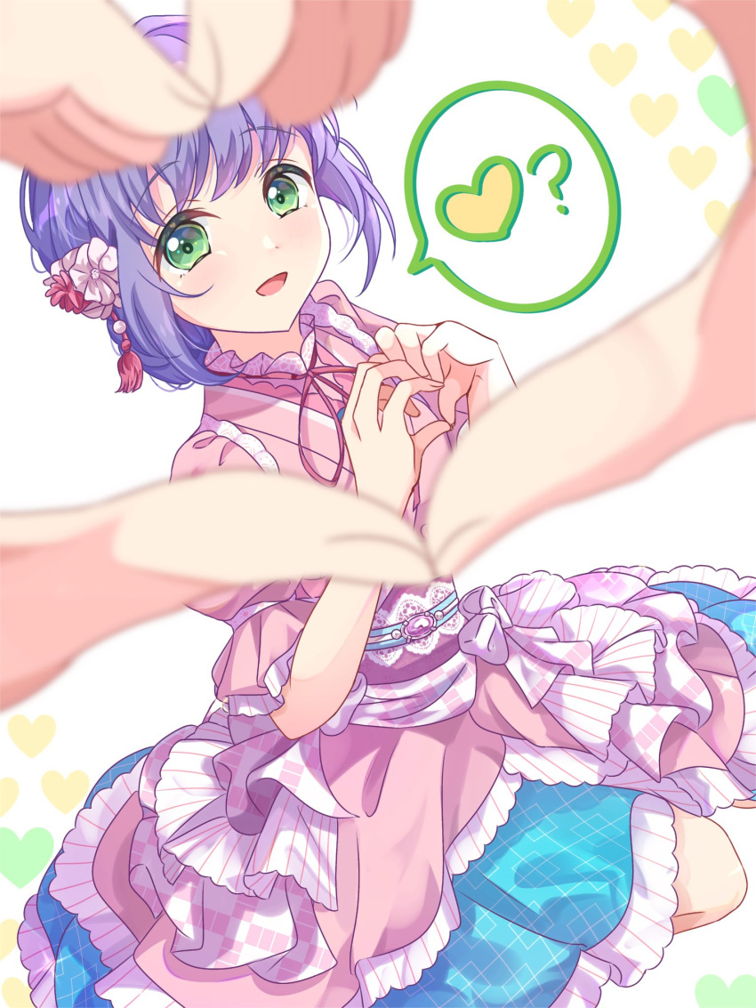 2girls blush dress female_pov flower green_eyes hair_flower hair_ornament heart heart_hands highres light_blush link!_like!_love_live! love_live! medium_hair multiple_girls neck_ribbon open_mouth otomune_kozue pink_dress pov pov_hands purple_hair ribbon sakari_(pear_8_ll) sitting smile wariza