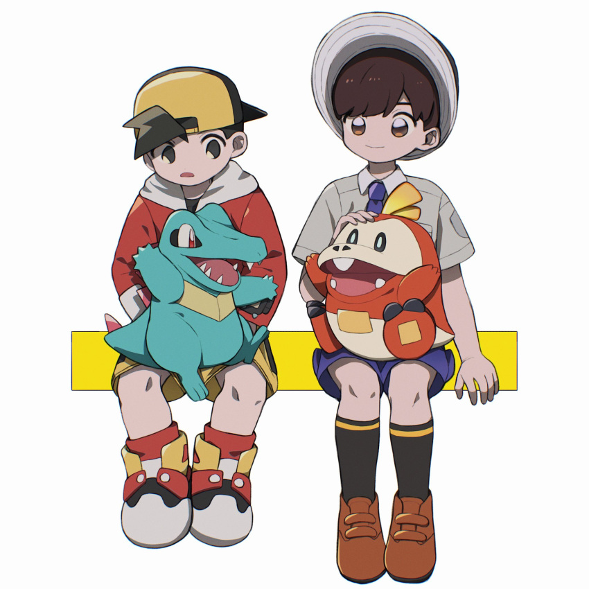 backwards_hat baseball_cap black_hair black_socks blue_shorts brown_eyes collared_shirt ethan_(pokemon) florian_(pokemon) fuecoco hat highres huyugmy long_sleeves male_focus multiple_boys on_lap pokemon pokemon_(creature) pokemon_gsc pokemon_on_lap pokemon_sv red_socks school_uniform shirt shoes short_sleeves shorts simple_background sitting socks totodile uva_academy_school_uniform white_background yellow_shorts