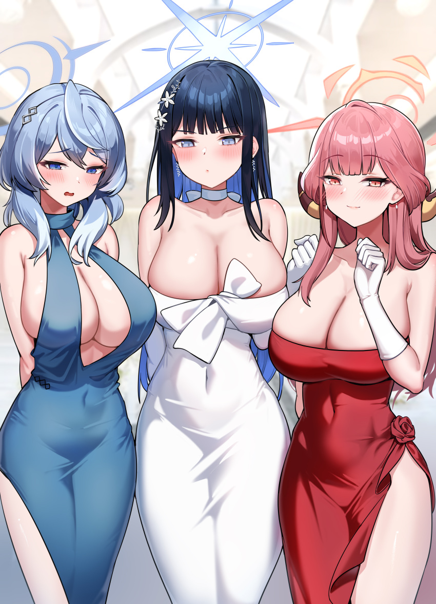 3girls absurdres ako_(blue_archive) ako_(dress)_(blue_archive) aru_(blue_archive) aru_(dress)_(blue_archive) bare_shoulders black_hair blue_archive blue_dress blue_hair blue_halo blush breasts cleavage closed_mouth colored_inner_hair commentary_request covered_navel demon_girl demon_horns dishui_tangni dress gloves halo hand_up highres horns large_breasts looking_at_viewer medium_hair multicolored_hair multiple_girls official_alternate_costume pink_hair red_dress red_halo saori_(blue_archive) saori_(dress)_(blue_archive) side_slit smile strapless strapless_dress thighs white_dress white_gloves
