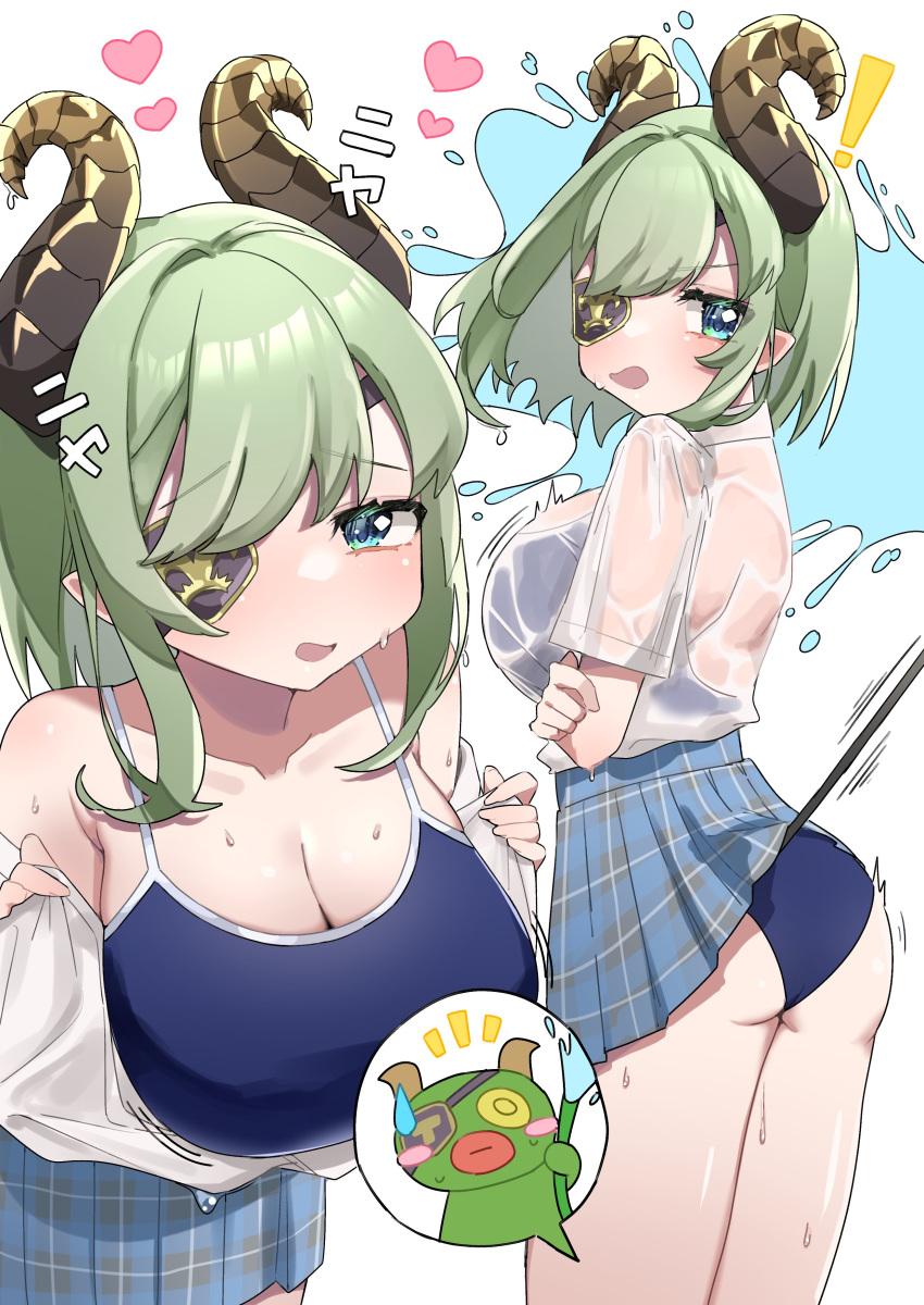 ! 1girl absurdres ass blush_stickers breasts brown_horns cleavage curled_horns demon_girl demon_horns eyepatch green_eyes green_hair heart highres horns large_breasts leaning_forward looking_at_viewer medium_bangs nanashi_inc. one-piece_swimsuit pleated_skirt school_swimsuit see-through see-through_shirt sekishiro_mico shirt sidelocks skirt swimsuit swimsuit_under_clothes tamotsu_(mary) thighs translation_request virtual_youtuber wet wet_clothes wet_shirt
