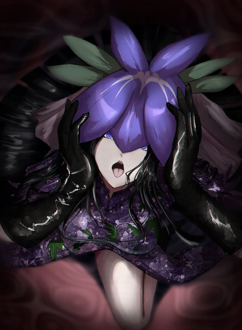 1girl absurdres black_gloves black_hair china_dress chinese_clothes covered_eyes dress flower flower_on_head gloves hands_on_own_head highres kneeling lipstick long_hair looking_at_viewer makeup open_mouth purple_dress purple_eyes solo tongue tongue_out touhou very_long_hair vine_print yama_kabosu yomotsu_hisami