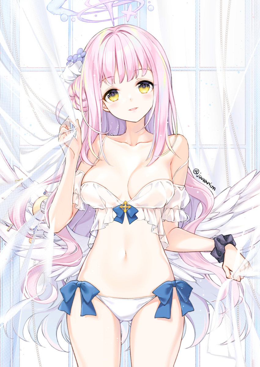 1girl bare_shoulders blue_archive blue_scrunchie blush bra breasts collarbone detached_sleeves feathered_wings hair_bun halo highres indoors juna large_breasts long_hair looking_at_viewer low_wings mika_(blue_archive) navel open_mouth panties pink_hair pink_halo puffy_sleeves scrunchie see-through single_hair_bun single_side_bun smile solo stomach underwear white_bra white_panties white_wings window wing_ornament wings wrist_scrunchie yellow_eyes