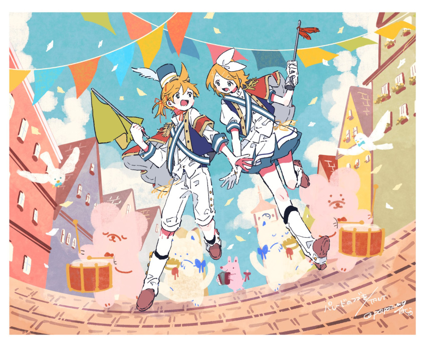 1boy 1girl armband bear bird blonde_hair blue_jacket blue_sky border brick_road building cape capri_pants cat cloud commentary_request drum drumsticks flag hazime highres holding holding_baton holding_flag instrument jacket kagamine_len kagamine_rin open_mouth outdoors pants parade red_cape shirt shirt_partially_tucked_in signature skirt sky string_of_flags surprised_arms vocaloid walking white_footwear white_pants white_shirt white_skirt