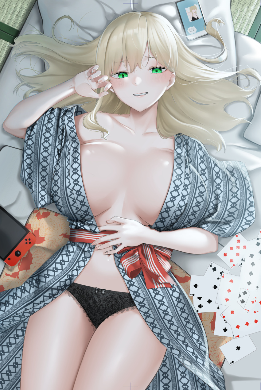 1girl absurdres ace_(playing_card) ace_of_clubs black_panties blonde_hair bow bow_panties breasts breasts_apart card cellphone club_(shape) collarbone five_of_clubs five_of_diamonds futon green_eyes hand_on_own_stomach highres large_breasts long_hair lying navel nintendo_switch on_back open_clothes open_robe original panties parted_lips phone pillow playing_card red_ribbon ribbon robe rushian seven_of_hearts six_of_clubs smartphone solo tatami three_of_clubs three_of_spades two_of_clubs underwear