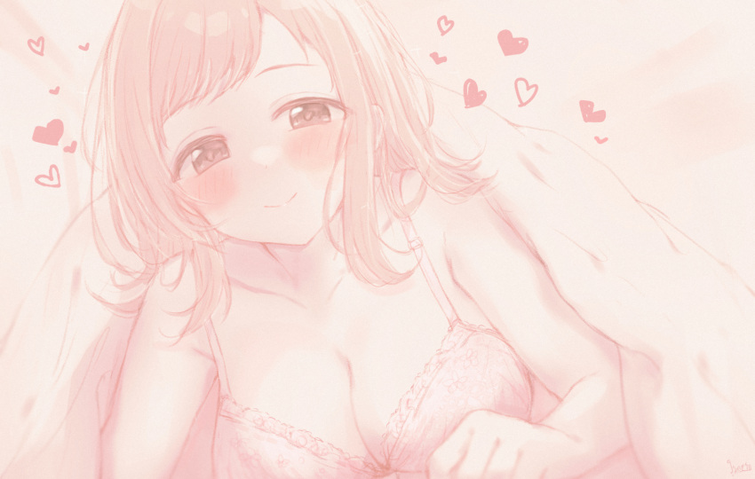 1girl blush bra breasts cleavage collarbone commentary_request gameso heart highres idolmaster idolmaster_shiny_colors large_breasts light_brown_hair looking_at_viewer sakuragi_mano simple_background smile solo under_covers underwear white_bra