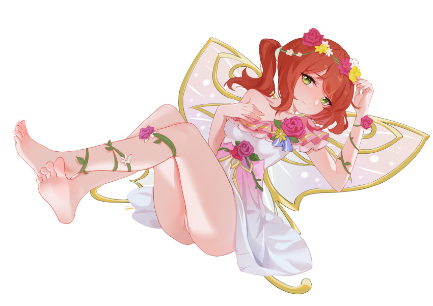 absurdres bare_arms bare_legs bare_shoulders barefoot bob_(pixiv49522586) breasts chinese_commentary closed_mouth commission commissioner_upload crossed_ankles dress english_commentary feet feet_up flower full_body gold_trim gradient_dress green_eyes hand_on_own_chest head_wreath highres legs long_hair looking_at_viewer love_live! love_live!_nijigasaki_high_school_idol_club lying mixed-language_commentary on_back pink_dress pink_flower pink_rose plant ponytail red_hair rose sidelocks simple_background small_breasts smile soles thong toenails toes two-tone_dress uehara_ayumu vines white_background white_dress wings