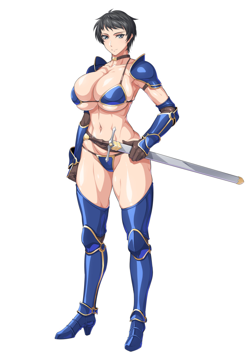 1girl armor armored_boots bikini_armor black_hair blue_armor blue_eyes boots breasts brown_choker brown_gloves choker cleavage closed_mouth collarbone commentary_request commission elbow_gloves full_body gauntlets gloves high_heel_boots high_heels highres holding holding_sheath large_breasts looking_at_viewer navel original ozaneko scabbard sheath sheathed short_hair shoulder_pads sidelocks simple_background skeb_commission skindentation smile solo standing stomach swept_bangs sword tachi-e tomboy toned warrior weapon white_background