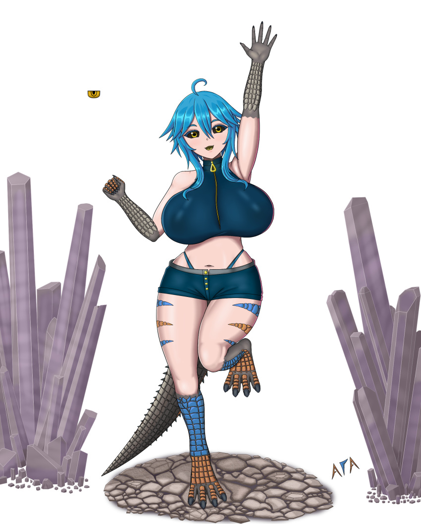 absurd_res ahoge animal_humanoid animal_tail atranar_inferno big_breasts black_sclera blue_bottomwear blue_clothing blue_hair blue_shorts blue_stripes blue_topwear bottomwear breasts brown_body brown_scales brown_stripes capcom claws clothing crystal dodogama eyelashes fanged_wyvern female front_view grey_body grey_claws grey_scales hair hi_res huge_breasts humanoid lizard_humanoid looking_at_viewer monster_hunter navel on_one_leg open_mouth open_smile raised_arm reptile reptile_humanoid scales scalie scalie_humanoid short_hair shorts simple_background smile solo standing stripes tail tailed_humanoid tan_body tan_skin thick_thighs thong_straps tongue topwear white_background wide_hips yellow_eyes yellow_tongue zipper