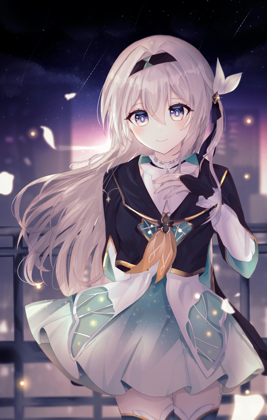 1girl absurdres black_hairband black_jacket blue_eyes blue_pupils blue_skirt blush bow bridal_gauntlets building closed_mouth cowboy_shot cropped_jacket evening firefly_(honkai:_star_rail) floating_hair grey_hair hair_between_eyes hair_bow hair_intakes hairband hand_on_own_chest highres honkai:_star_rail honkai_(series) jacket legs_together long_hair long_sleeves looking_at_viewer me_(y287) neckerchief orange_neckerchief outdoors pink_eyes pleated_skirt railing shooting_star sidelocks skirt smile solo star_(sky) sunset thighhighs two-tone_eyes white_bow zettai_ryouiki