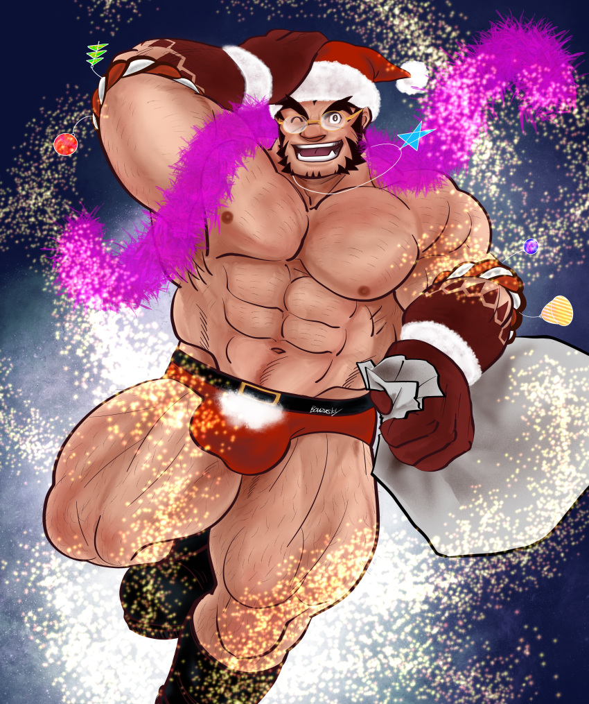 1boy absurdres bara colored_skin forked_eyebrows gradient_skin hachimaki hairy headband highres huge_pectorals light_particles male_focus mature_male muscular muscular_male mutton_chops nejiri_hachimaki red_skin short_hair solo sparse_arm_hair sparse_chest_hair sparse_leg_hair sparse_navel_hair strongman_waist taigaabozusukii tajikarao_(housamo) thick_eyebrows tokyo_afterschool_summoners tusks