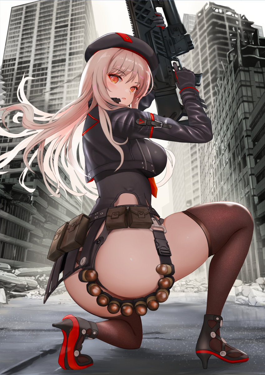 1girl absurdres ass assault_rifle backlighting bandolier belt belt_pouch beret black_footwear breasts brown_thighhighs city closed_mouth commentary_request cropped_jacket expressionless floating_hair from_behind full_body gibun_(sozoshu) gloves goddess_of_victory:_nikke gun hat high_heels highres holding holding_gun holding_weapon jacket large_breasts looking_at_viewer looking_back military military_uniform on_one_knee outdoors pink_hair pouch rapi_(nikke) red_eyes revision rifle rubble ruins skindentation solo thighhighs thighs thong uniform weapon