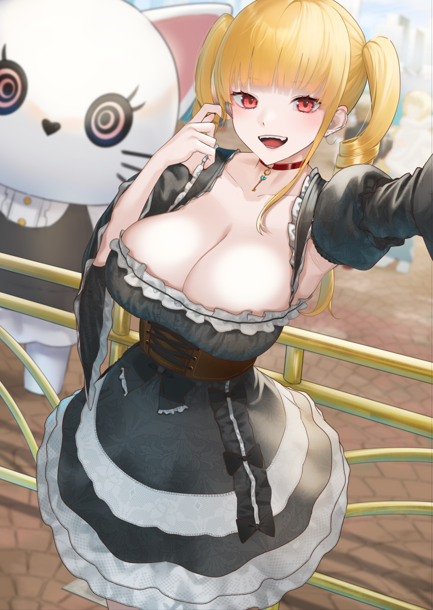 1girl absurdres black_bow blonde_hair blurry blurry_background bow breasts brown_corset choker collarbone corset detached_sleeves drill_hair earrings highres jewelry key large_breasts long_hair mascot open_mouth original puffy_sleeves railing red_choker red_eyes rushian selfie solo teeth twintails two-tone_dress wide_sleeves
