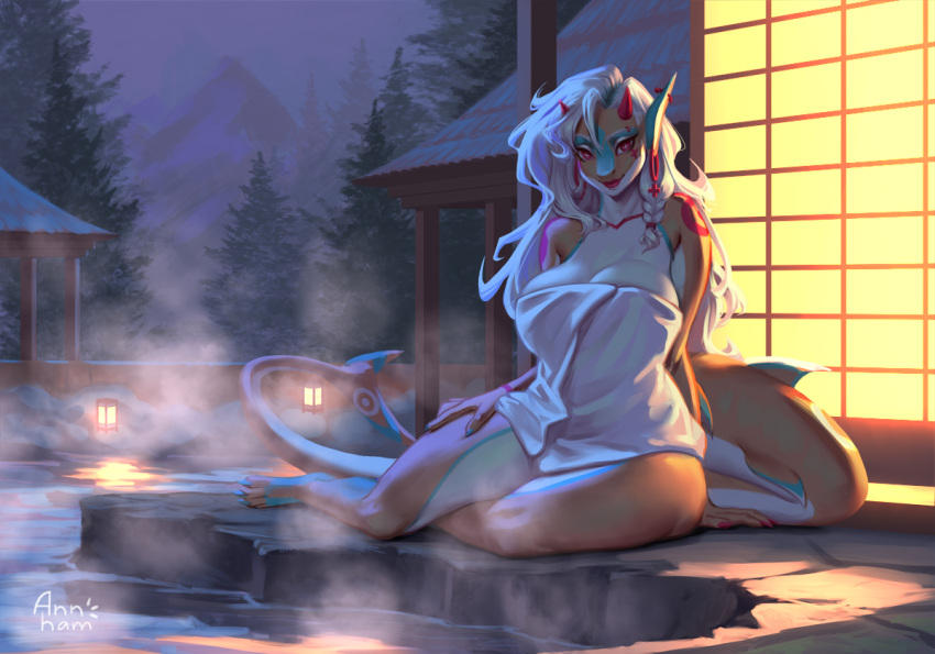 annham anthro big_breasts breasts claws clothing female finger_claws fish front_view hair horn hot_spring marine multicolored_body multicolored_tail nature night non-mammal_breasts pink_eyes pinup pose shark sitting solo tail towel towel_only water white_hair